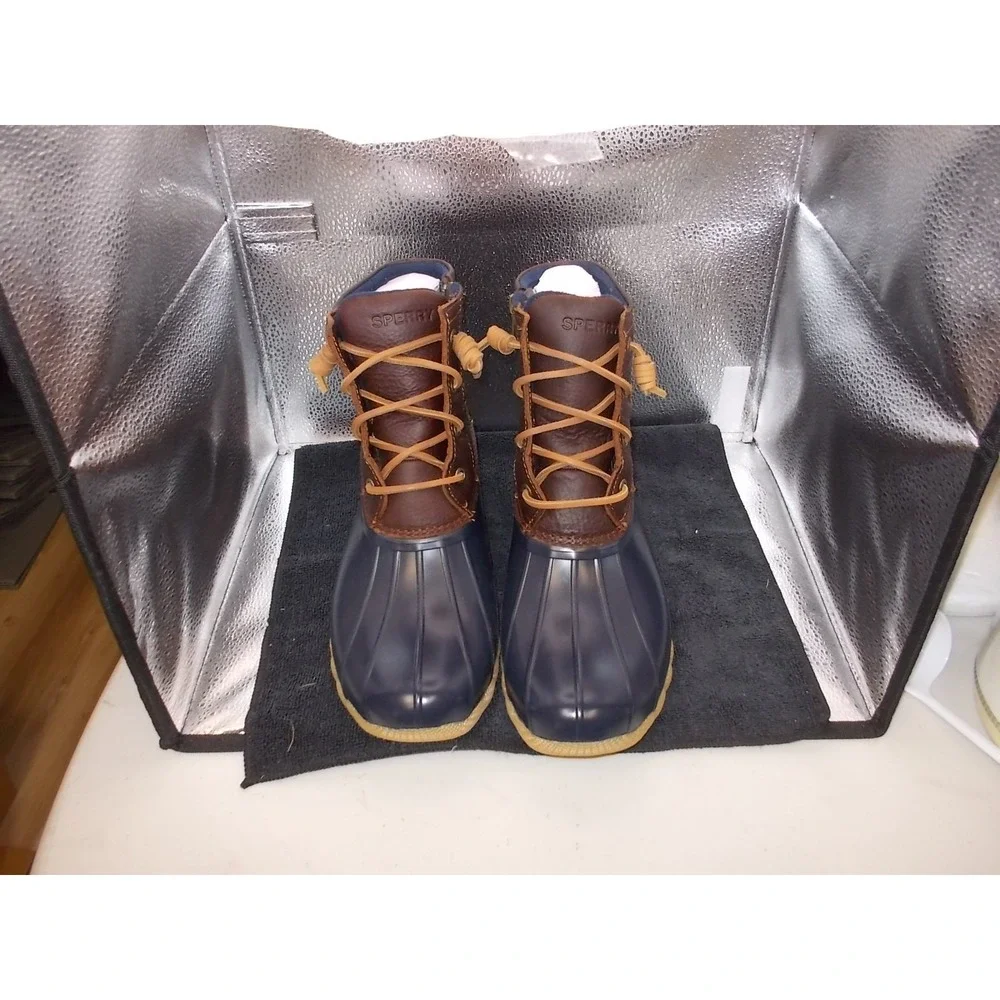 Sperry Saltwater Duck Boots Women's Navy Brown Leather Waterproof NIB 10